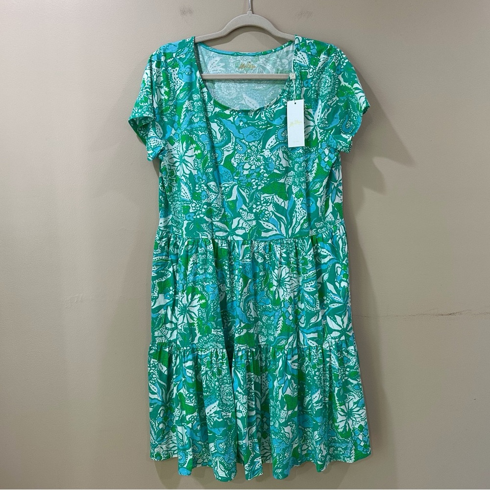 Lilly Pulitzer Geanna Dress Botanical Green Safari Sangria Tiered Swing Women L
